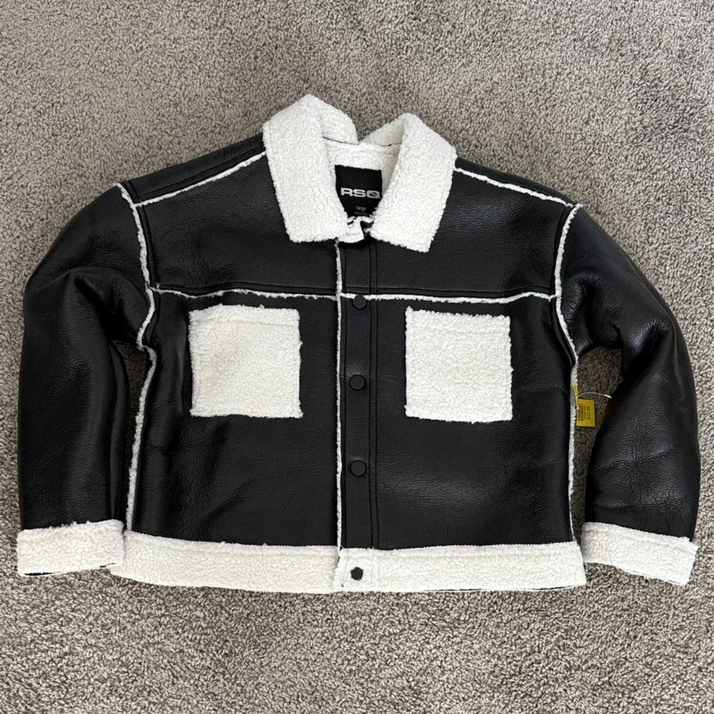 RSQ Kids Black Faux Leather Sherpa Lined Jacket Boys Girls Size Large‎